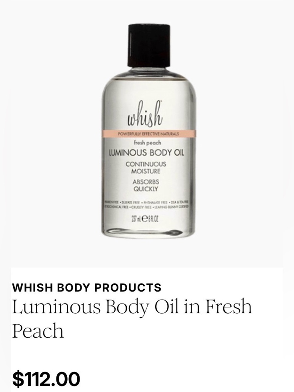 whish Luminous Body Oil in Fresh Peach 8 fL oz NEW! Massage oil